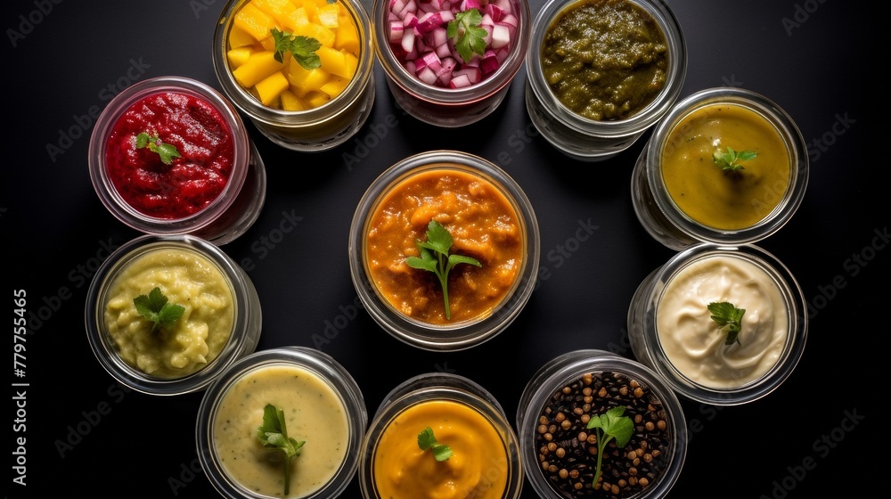 Symmetrical arrangement of Indian pickles and chutneys