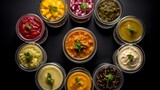 Symmetrical arrangement of Indian pickles and chutneys