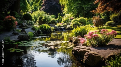 A beautiful pond in a garden with various flowers and foliage