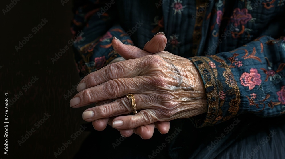 Vivid capture of a woman's silent struggle with gout, focusing on her hands attempting to soothe her pain