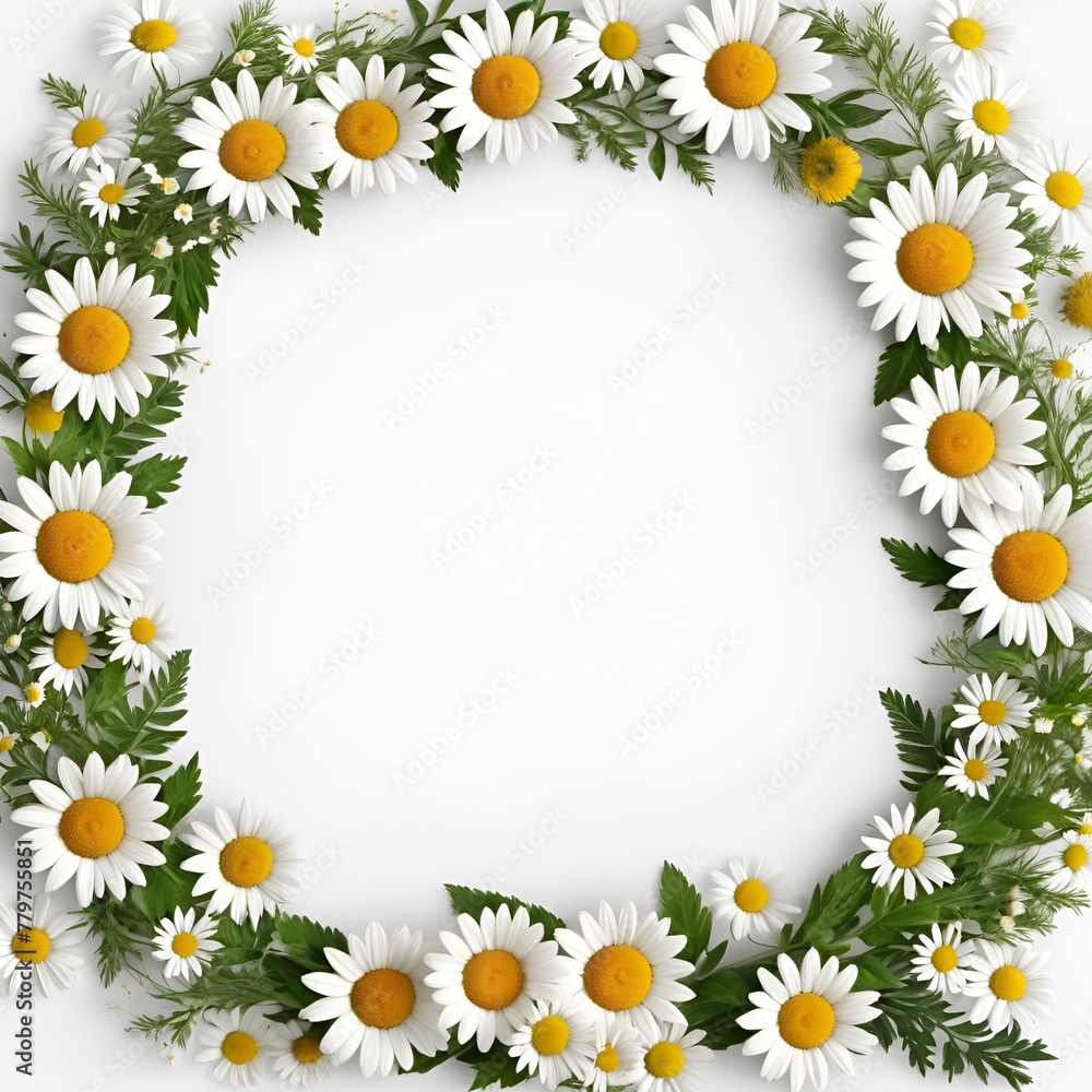 A circular frame of white daisy flowers with a clear white background, perfect for invitations or card designs. Minimal concept of nature. Floral pattern. Flat lay. Copy paste. 