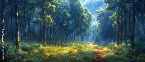 Imaginary summer pine forest with a mysterious trail photo