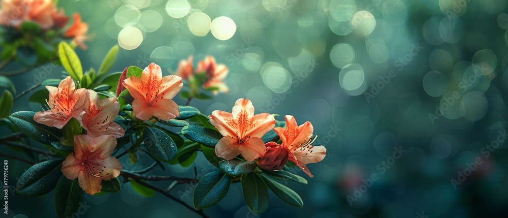 On a blurred green background, a rhododendron blooms in a mysterious spring floral banner On a blurred green background, a rhododendron blooms in a mysterious spring floral banner