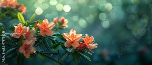 On a blurred green background, a rhododendron blooms in a mysterious spring floral banner photo