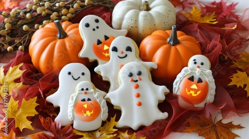 A festive array of Halloween cookies, with cute ghosts and mummies, amidst pumpkins and autumn leaves