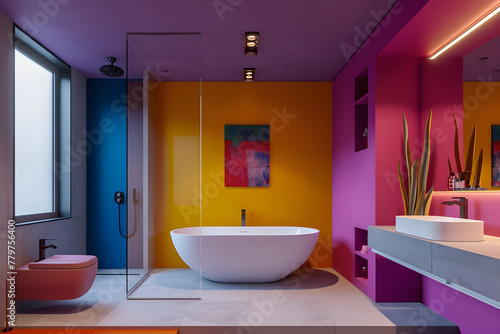 White bathtub against the backdrop of a bright colored interior. Design presentation  3D rendering of a stylish and modern interior for advertising.