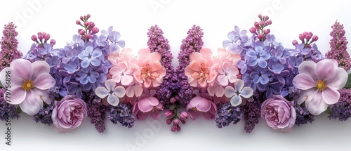 Isolated white background with lilacs, dog roses (briar) and magnolia flowers. Design element.