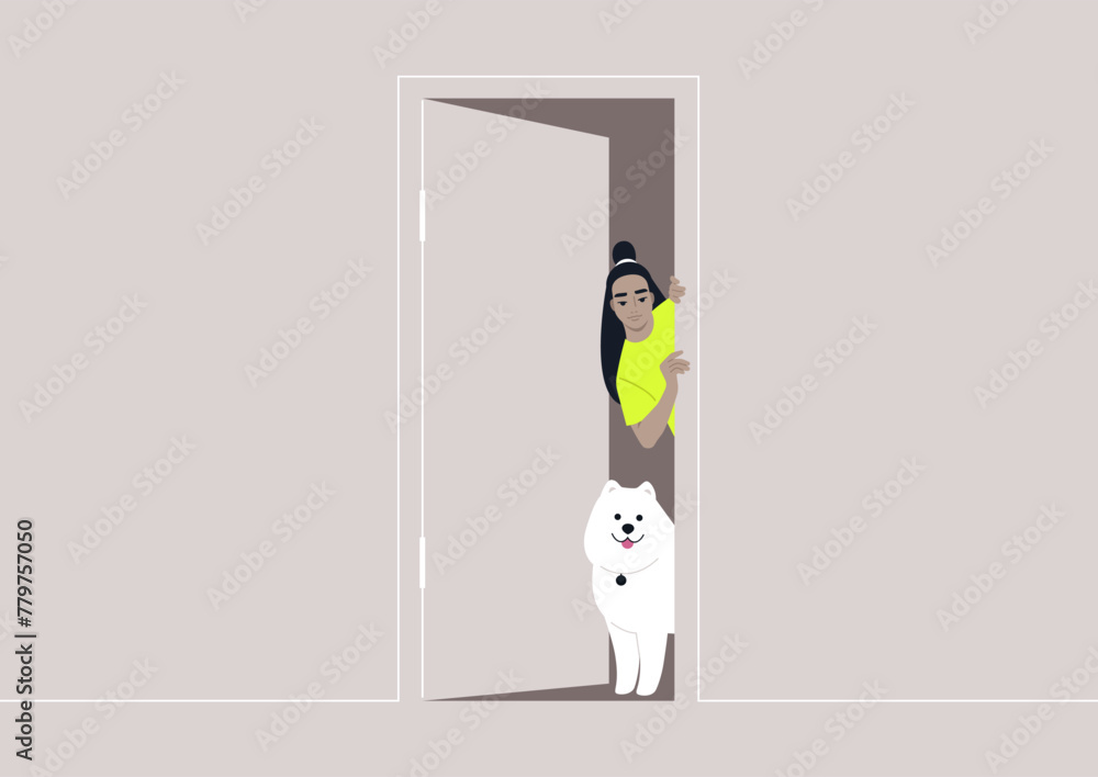 A Curious Glimpse From Behind a Doorway, A dog and their owner exchange playful looks around an ajar door - obrazy, fototapety, plakaty 