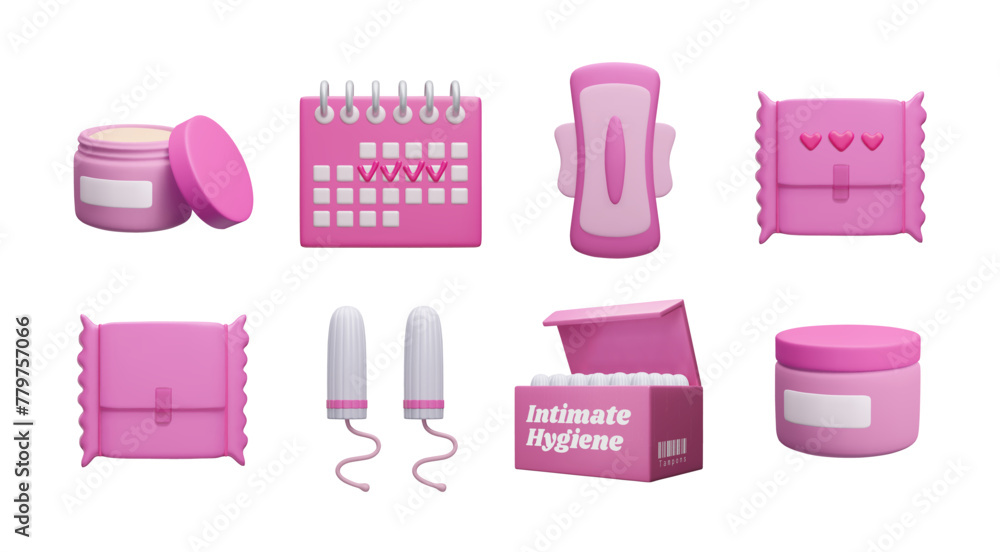 Pink 3D menstruation icon set isolated on white. Female intimate hygiene products: menstrual tampons, sanitary pad, fertility menstrual calendar, moisturizer facial cream jars. Cute cartoon style 3D. Pink 3D menstruation icon set isolated on white. Female intimate hygiene products: menstrual tampons, sanitary pad, fertility menstrual calendar, moisturizer facial cream jars. Cute cartoon style 3D.