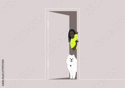 A Curious Glimpse From Behind a Doorway, A dog and their owner exchange playful looks around an ajar door