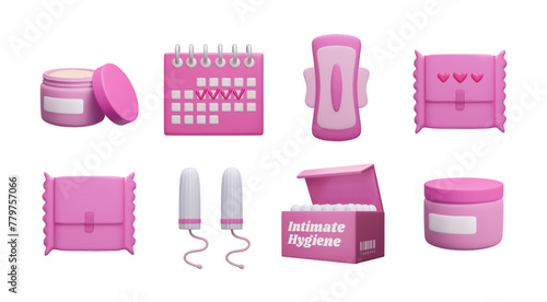 Pink 3D menstruation icon set isolated on white. Female intimate hygiene products: menstrual tampons, sanitary pad, fertility menstrual calendar, moisturizer facial cream jars. Cute cartoon style 3D.