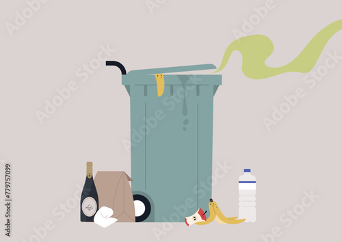 Whiff of Waste, Overflowing Trash Bin on Collection Day, An overfilled trash can emits an odorous trail with refuse spilling onto the ground