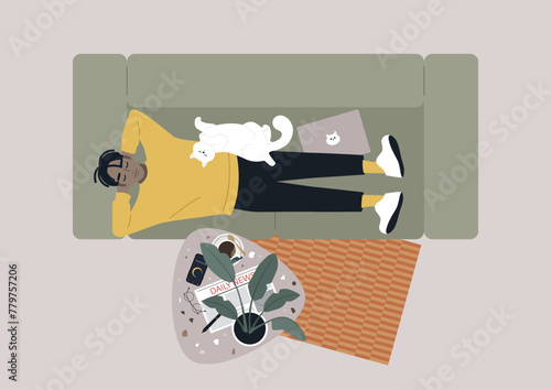 Serene Afternoon Nap on a Cozy Sofa With a Feline Friend, A person rests peacefully on a couch, accompanied by a cat, with snacks and a newspaper nearby