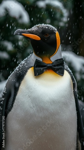 Polished penguin in a tuxedo  sporting a bow tie  against an icy landscape backdrop