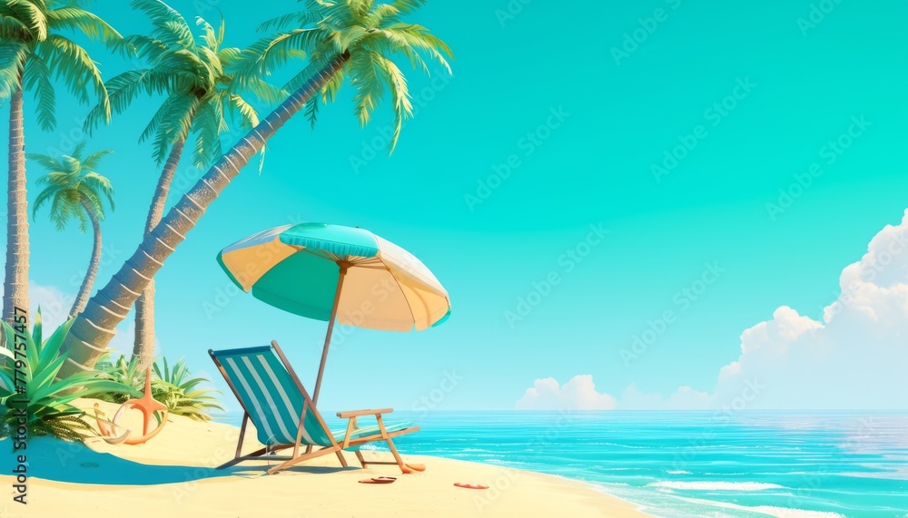 Beach Vacation Illustration: Relaxing Under Palm Trees and Beach Umbrellas Beach Vacation Illustration: Relaxing Under Palm Trees and Beach Umbrellas
