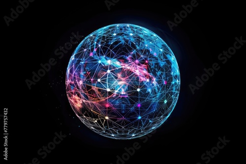Sphere. Abstract network connection on black background, Sphere with Connected Lines and Dots on black background. 