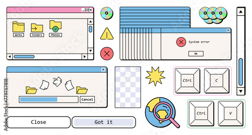 Retro style interface elements in aesthetic, system computer message, 90s nostalgic ui design, folders, files, 1990s nostalgia technology concept flat vector illustration.