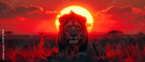 Spectacular sunlight and dramatic cloud formations, African lion on a savanna landscape, king of animals. A proud fantasy lion in the savanna looking forward.