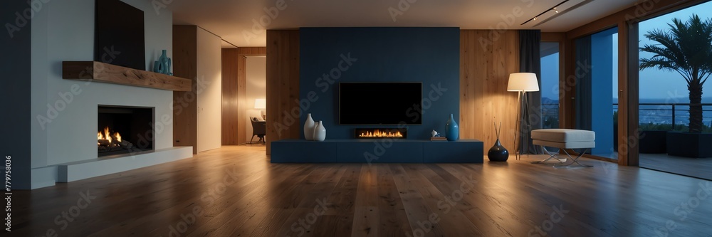 blue theme empty living room home interior with wooden floor, fireplace and adequate lighting panoramic wide angle from Generative AI