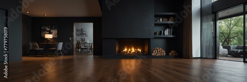 black theme empty living room home interior with wooden floor, fireplace and adequate lighting panoramic wide angle from Generative AI