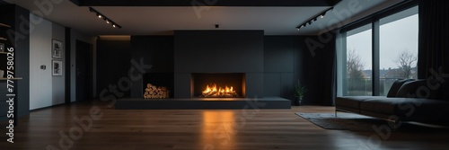 black theme empty living room home interior with wooden floor, fireplace and adequate lighting panoramic wide angle from Generative AI photo