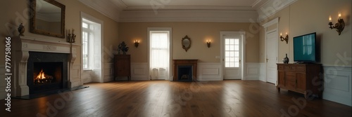 greek revival theme empty living room home interior with wooden floor, fireplace and adequate lighting panoramic wide angle from Generative AI