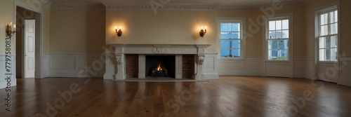 greek revival theme empty living room home interior with wooden floor, fireplace and adequate lighting panoramic wide angle from Generative AI