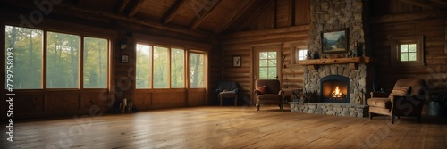 log cabin theme empty living room home interior with wooden floor, fireplace and adequate lighting panoramic wide angle from Generative AI