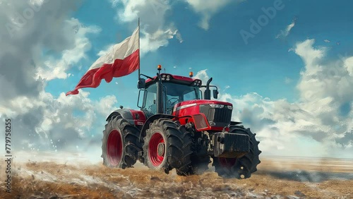 Tractor in a field with the Polish flag waving. photo