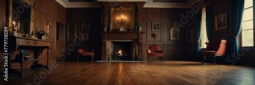 victorian theme empty living room home interior with wooden floor, fireplace and adequate lighting panoramic wide angle from Generative AI © Arceli