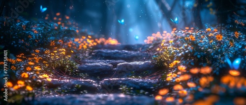 An idyllic fantasy scene of a stone dungeon, a grotto cave, and a mystical glow. Fairytale imagery depicting a bluebell, a yellow rose flower, and flying blue butterflies.