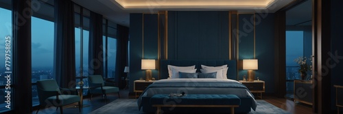 blue theme luxury hotel bedroom modern interior with columns wide angle panoramic from Generative AI photo
