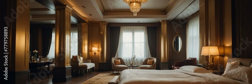 gold theme luxury hotel bedroom modern interior with columns wide angle panoramic from Generative AI photo
