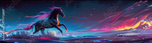 A horse galloping its mane and tail streaming with neon light
