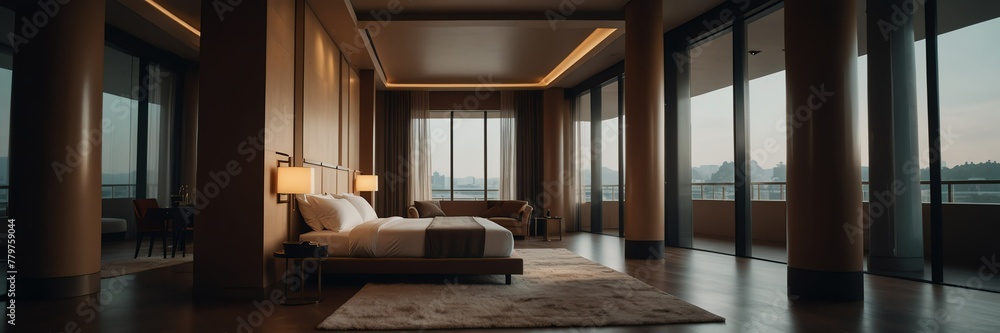 minimalist theme luxury hotel bedroom modern interior with columns wide angle panoramic from Generative AI