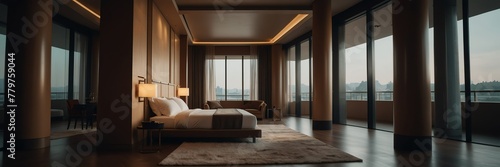 minimalist theme luxury hotel bedroom modern interior with columns wide angle panoramic from Generative AI