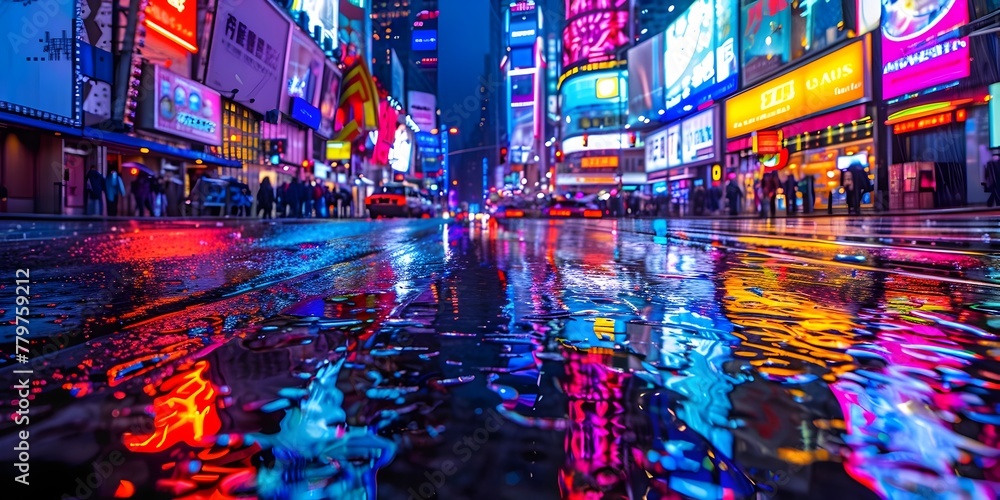 Mesmerizing Neon Lit Cityscape Reflected in Glistening Rainwater on Vibrant Urban Streets