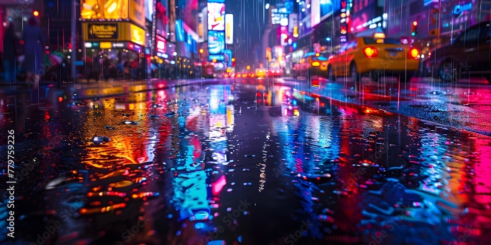 Dazzling Neon Reflections Illuminating the Vibrant Cityscape on a Rainy Night