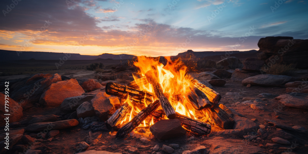 Fototapeta premium Campfire Blaze Against Twilight Sky in Rocky Landscape