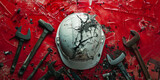 Industrial Accident Concept: Shattered Helmet Among Tools on Red