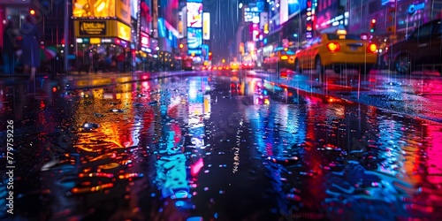Dazzling Neon Reflections Illuminating the Vibrant Cityscape on a Rainy Night