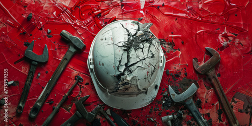Industrial Accident Concept: Shattered Helmet Among Tools on Red