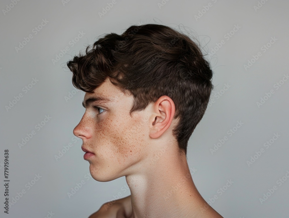 Fototapeta premium Closeup portrait of a young man with freckles on his face looking off to the side