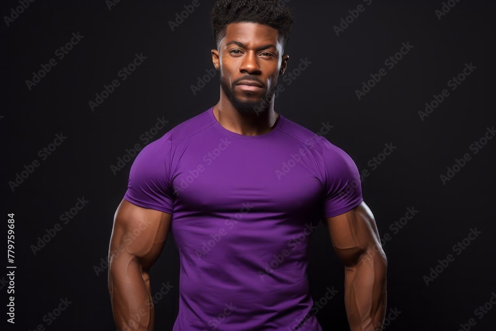 Afro American fitness model in purple t-shirt with well defined muscles
