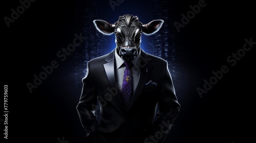 Full-length portrait of a cow in a business suit, its stance against a dark background radiating a unique blend of sophistication and power, Futuristic