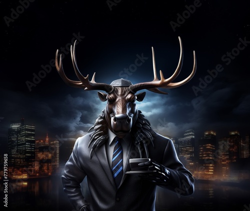 The commanding presence of a moose in a business suit, set against a dark, enigmatic backdrop, captures a unique blend of wilderness and sophistication, Futuristic