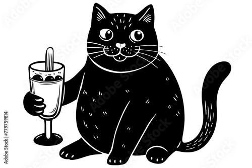 -terrible-sized-black-cat-with-a-glass-of-milk vector illustration  photo