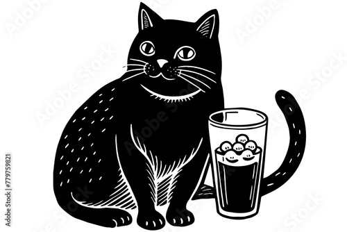 -terrible-sized-black-cat-with-a-glass-of-milk vector illustration  photo