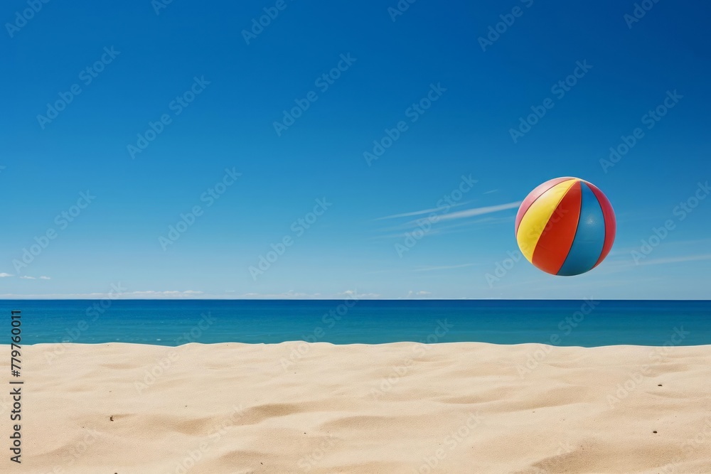 A minimalist portrayal of fun beach activities, featuring a simple beach ball lying on the sandy shore