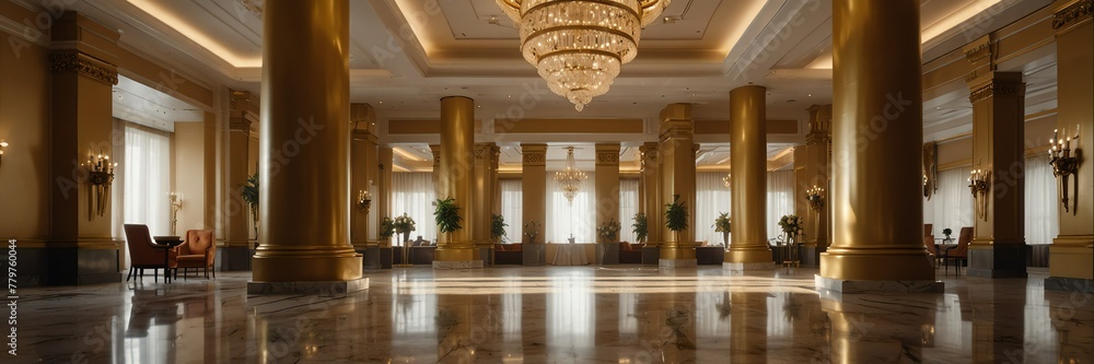 gold theme luxury hotel reception lobby hall interior with columns wide angle panoramic from Generative AI